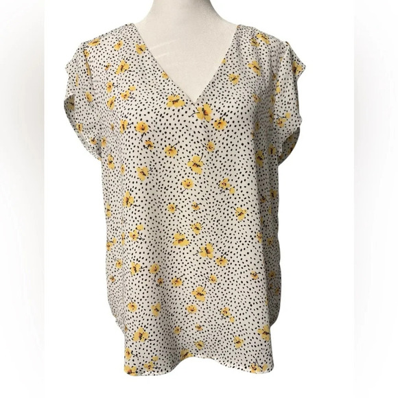 Lily White Tops - Lily White v neck top with black design with yellow flowers. Hi-Lo Size Medium